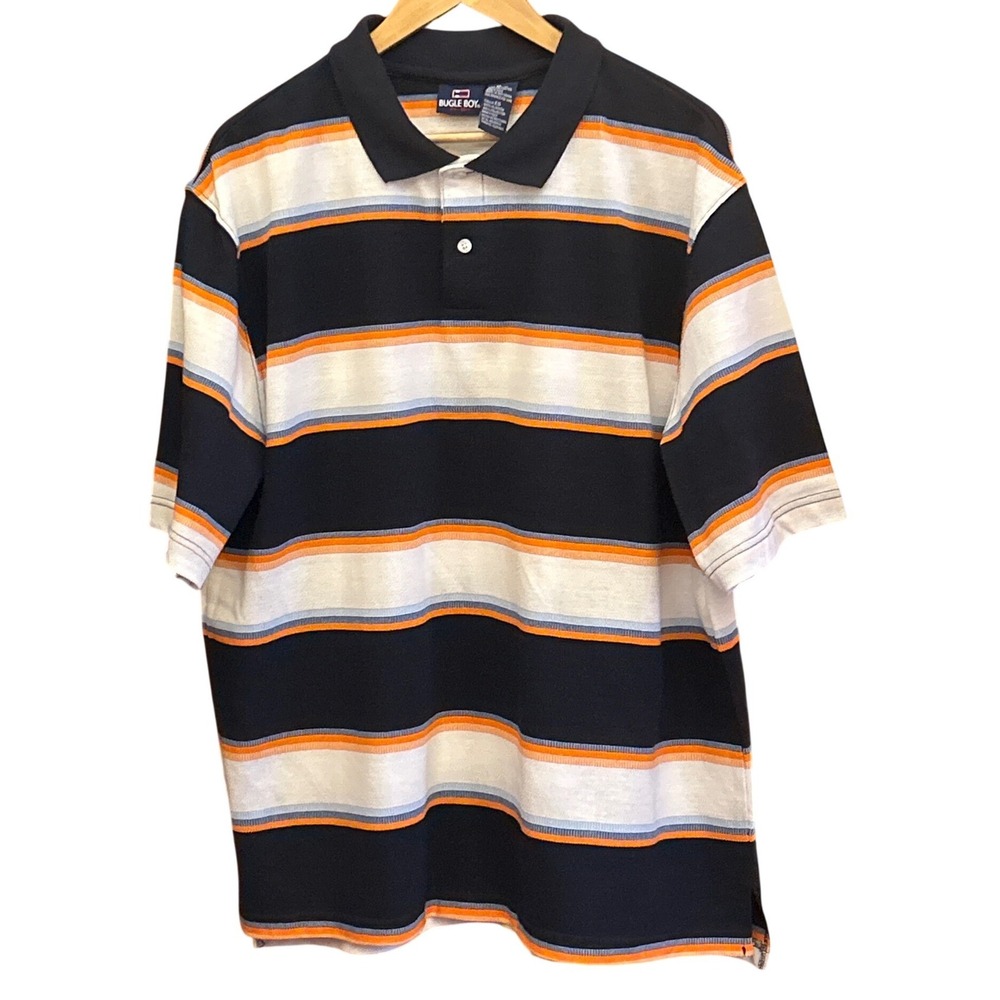 Vintage 90s Bugle Boy Polo Shirt Striped Vintage Retro Preppy Navy Orange XL